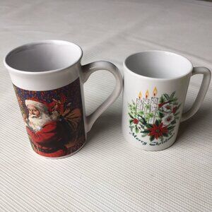 Set of 2 Christmas Mugs Royal Norfolk Santa Claus Candles Poinsettias Holiday